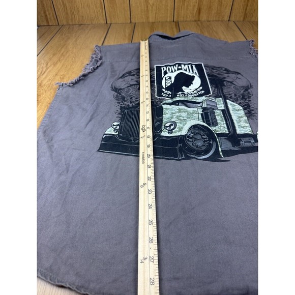 POW MIA Big Rig Truck Mens Shirt L Gray Raw Edges Sleeveless Front Buttons - Picture 8 of 16